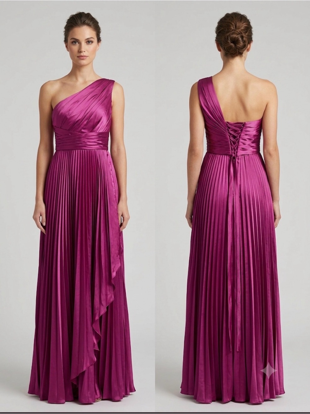 One-Shoulder Pleated Evening Dress in Magenta